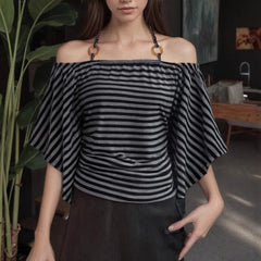 Lunivop Euramerican Chic Fashion Vintage Halter Beading T Shirts Y2k High Street Flare Sleeve Summer Clothes Harajuku Casual Striped Top