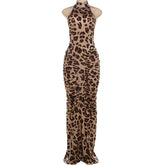 Lunivop Ruched Patchwork Backless Leopard Print Halter Bodycon Maxi Dress Women Wild Sexy Turtleneck Sleeveless Slim Party Clubwear