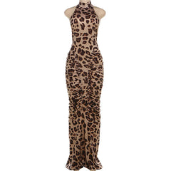 Lunivop Ruched Patchwork Backless Leopard Print Halter Bodycon Maxi Dress Women Wild Sexy Turtleneck Sleeveless Slim Party Clubwear
