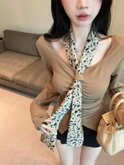 Lunivop Leopard Print Ribbon All-match Tops Mujer Ealy Autum New Bottoming T-shirt for Women Y2k Slim Fit Long Sleeve Tee Shirt