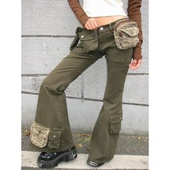 Lunivop Splicing Leopard print Pocket Casual Denim Pants Women High Street Workwear Jeans Female Y2K Army Green High Waist Cargo Jeans