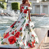 Lunivop Summer Floral Print Slash Neck Beach Dress Women Casual Short Sleeved Pleated Bohemian Dresses Fashion Long Sundress