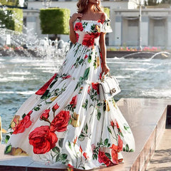 Lunivop Summer Floral Print Slash Neck Beach Dress Women Casual Short Sleeved Pleated Bohemian Dresses Fashion Long Sundress