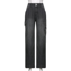 Lunivop New Street High Waist Straight Leg Casual Jeans with Irregular Pockets Work Clothes Floor Towers Dad's Pants