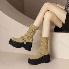 Lunivop Autumn Winter Women Boots Fashion Buckle Round Toe Wedges Platform Boots Suede Leather Punk Goth Women Street Boots