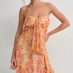 Lunivop Floral Print Strapless Mini Chiffon Dress Women Ruffles Hem Party Irregular Frilled Elastic Bandage Backless Holiday Dress