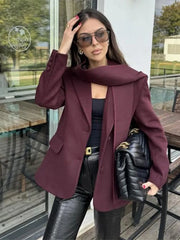 Lunivop Woolen Suit Collar Coats With Scarf Women Elegant Solid Single Breasted Coat Female Autumn Winter Chic High Street Outwear Tops