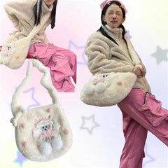 Lunivop Sweet Cute White Y2k Messenger Bag Women Harajuku Aesthetic Bear Plush Shoulder Bags Ladies Hot Girls Crossbody Handbag