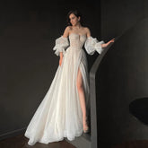 Lunivop Strapless Beads Detachable Puff Sleeves Shiny White Tulle Wedding Dress High Side Slit Zipper Back Bridal Gowns Vestidos De Novi