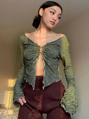 Lunivop Y2k Millenial Style Sexy V-Neck Design Sense Irregular Hollow Slim Leaky Umbilical T-Shirt Top Street Style Long Sleeve Top