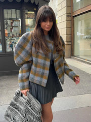 Lunivop Elegant Plaid Puff Sleeve Woolen Coats Women Retro Chic O-neck Double Breasted Jackets Lady Autumn Casual Daily Outwear Tops
