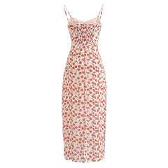 Lunivop Retro French style Summer Cherry Print Corset Style Midi Sling Dress Sexy Women Spliced Lace V neck Back Slit Long Robe