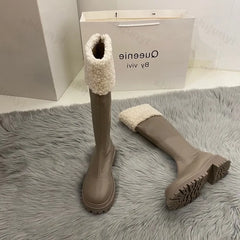 Lunivop Winter Knee High Brown Long Boots Comfort Square Heel Slip on Platform Boots for Women Plush Thick Heel Warm Gothic Shoes