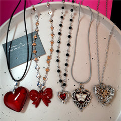 Lunivop Y2K Red Glass Crystal Heart Metal Bowknot Pendant Chain Necklace Women Gothic Harajuku Retro Jewelry Accessories Christmas Gift