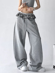 Lunivop Chic Bright Silk Patchwork Sweatpants Women Loose Streetwear High Waist Casual Pant Fashion Pockets Fall American Gray Trousers