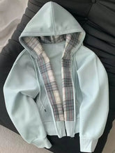 Lunivop Plaid Patchwork Blue Hoodies Women Sweet Preppy Style Long Sleeve Cute Sweatshirts Loose Casual Vintage Female Korean Tops New