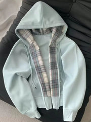 Lunivop Plaid Patchwork Blue Hoodies Women Sweet Preppy Style Long Sleeve Cute Sweatshirts Loose Casual Vintage Female Korean Tops New