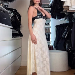 Lunivop Autumn Elegant Lace Patchwork Hipster Street Dress Women Pu Leather V Neck Sleeveless Backless Slim Casual Commuting Robe