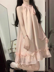 Lunivop Pink Beach Mini Dress Women Sweet Bow Fashion Casual Korean Sexy Halter Dress Summer Chic Loose Female Elegant Dress New