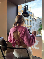 Lunivop Women's Sweater Fashion Cute Vintage Solid Backless Knitted Pullovers Knitwear Long Sleeves O-Neck Female Chic Lady Tops