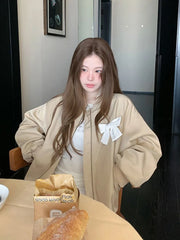 Lunivop Sweet Bow Korean Jacket Women Fall Preppy Style Cute Long Sleeve Coat Vintage Casual O Neck Loose Female Pockets Tops New