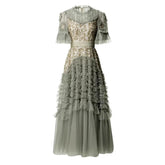 Lunivop Fashion Women Dress Short Sleeve Round Neck Lotus Leaf Edge Lace Splicing Sequins Female Party Dress New Tide