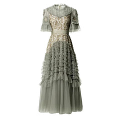 Lunivop Fashion Women Dress Short Sleeve Round Neck Lotus Leaf Edge Lace Splicing Sequins Female Party Dress New Tide