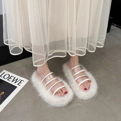 Lunivop New Women's Transparent Band Fuzzy Slippers Fashion Fur Thick Sole Flip Flops Winter Fluffy Open Toe House Slippers Indoor Shoes