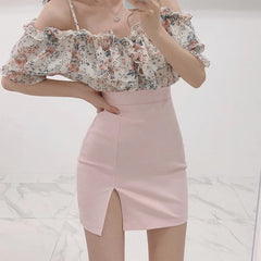 Lunivop Pink High Waist Elastic f-length Women's Skirt Sexy Slimming All-matching Side-slit Busin Casual Polyester Fiber