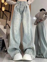 Lunivop Women Korean Pleated Jeans Girls High Waist Washed Wide Leg Pants Lady Fashion Loose Retro Blue Light Blue Denim Trousers
