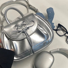 Lunivop Harajuku Bow Silver Backpack Women Preppy Style Hot Girls Leather Mini Backpacks Female Fairycore Aesthetic Y2k Mochila