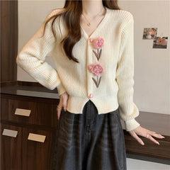 Lunivop Flower Applique Knit Cardigan Autumn Winter Women Cardigan Sweater Coats Long Sleeve Crop Knitted Jackets Cute Outfit