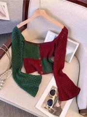 Lunivop Y2k Aesthetic Contrast Color Square Collar Cardigan Autumn Patchwork Hollow Out Knitted Pull Femme Harajuku Grunge Cropped Tops