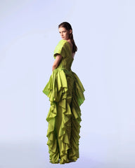Lunivop Green Pleated Evening Dresses One Shoulder Side Slit Pleats Satin Mermaid Formal Prom Dress Princess Ruffle Celebrity Party Gown