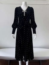 Lunivop French Velvet Diamonds Spliced Black Maxi Dresses For Women V-Neck Lantern Long Sleeve Evening Dress 2025 New Autumn