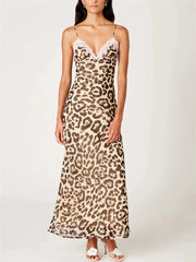 Lunivop Summer Leopard Printed Long Dress Women Lace Backless Spaghetti Slim High Waist Elegant Party Dress Female Bodycon Dress