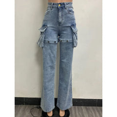 Lunivop Women Hollow Out Hipster Detachable Jeans Pants Fashion Button Fly Zipper 3D Pocket Casual Denim Trousers Y2k Streetwear Bottoms