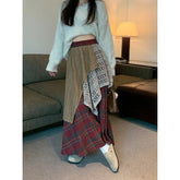 Lunivop Streetwear Contrast Color Patchwork A-line Skirt Women 2025 Spring New High Waist Hollow Loose Pleated Plaid Mid-length Skirt