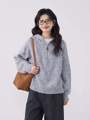 Lunivop Korean Vintage Gray Sweaters Women Long Sleeve Casual Simple Knitted Hooded Jumper Retro Loose All Match Female Fall Winter Tops
