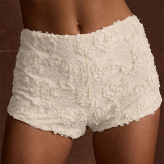 Lunivop Leisure New Style Fashion Pure White 3D Flower Decorative Elastic Waist Stretchable Package Hip Shorts Hottie Club Clothing