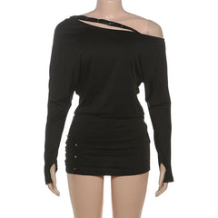 Lunivop Women Sexy Bodycon Mini Dress Rivets Inclined Shoulder Long Sleeve Peach Hips Night Clubwear Autumn Casual Streetwear