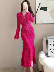 Lunivop Autumn Winter Pink Lace Hook Flower Hollow Prom Vestidos Women Fashion Bodycon Party Dress and Events Korean Casual Dresses