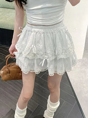 Lunivop Cute Bow White Skirts Women Sweet High Waist Lace Patchwork Mini Skirt Korean Fashion Preppy Style Lady Elegant Cake Skirts