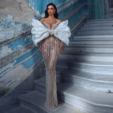 Lunivop Sparkle Sequin Pearls Pageant Party Dresses For Wedding Front Bow Bridal Gowns Sheer Illusion Long Elegant Mermaid Bride Dress