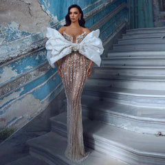 Lunivop Sparkle Sequin Pearls Pageant Party Dresses For Wedding Front Bow Bridal Gowns Sheer Illusion Long Elegant Mermaid Bride Dress