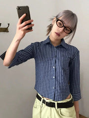 Lunivop Y2k Plaid Shirt Women Three Quarter Casual Shirt Japanese 2000s Grunge Tops Streetwear Summer Shirt Korean Style