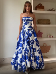 Lunivop Women Fashion Strapless Pleated Print Maxi Dress Elegant Puff Hem High Waist Long Dresses Summer New Sexy Evening Party Robes