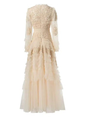 Lunivop Solid Hollow Out Ruffles Design Dresses For Women Round Neck Long Sleeve High Waist Elegant Dress Autumn 2025 New