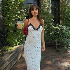 Lunivop Polka Dot Lace Patchwork Maxi Dress Women Summer Fashion Backless Slim Strap Sexy Robes Female Elegant Party Long Dress 2025