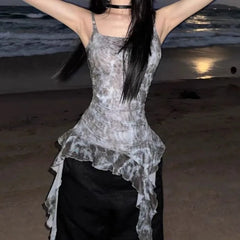 Lunivop Vintage Tie Dye Ruffles Camisole Vest for Women 2025 Summer New Mesh Tank Top Irregular Slim Fit Sleeveless Tops Mujer